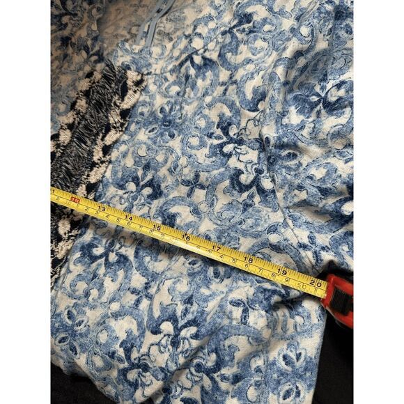 Chico's Jacket Boho Cottage Blue White Beachy Fringe 100% Linen Open-Front - Picture 3 of 6